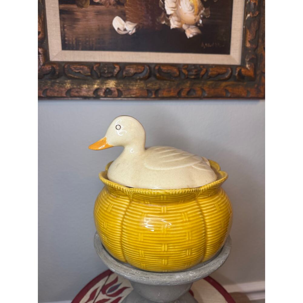 Vintage Los Angeles Pottery Duck on Nest Cookie Jar | Yellow Basketweave Ceramic